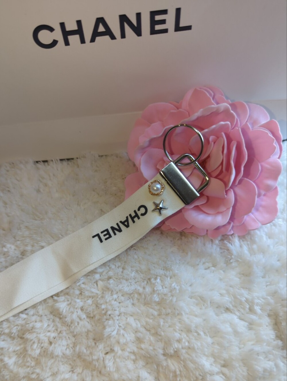 CHANEL Upcycled Cream Ribbon Key Holder with Black Logo and Pearl Star Charms
